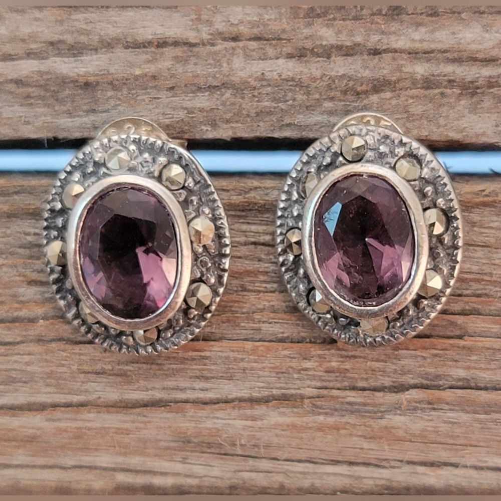 Sterling Purple Crystal & Marcasite Oval Stud Post Earrings